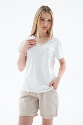 تیشرت سفید زنانه یقه هفت Fashion Friends - کد 905779468