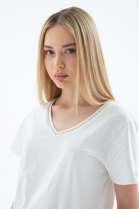 تیشرت سفید زنانه یقه هفت Fashion Friends - کد 905779468
