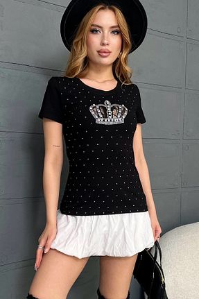 تیشرت سایز بزرگ مشکی زنانه رگولار RICH GLAM - کد 906192919