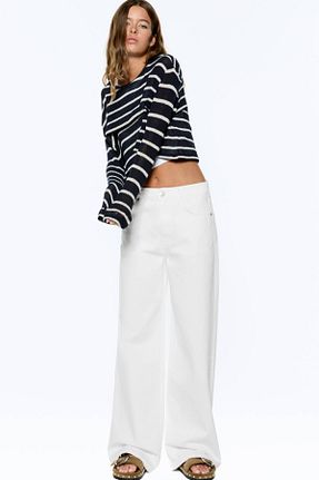 شلوار جین سفید زنانه پاچه پهن Pull & Bear - کد 906200587