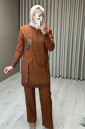 ست بالاتنه و پائین تنه حجاب قهوه ای زنانه اسلیم فیت Ece Triko - کد 906306482
