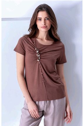 تیشرت سایز بزرگ قهوه ای زنانه رگولار Vedi - کد 906315981