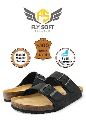 دمپائی مشکی مردانه چرم خالص FLY SOFT - کد 845153341