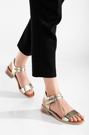 صندل طلائی زنانه پاشنه ضخیم ANALİN SHOES - کد 905284877