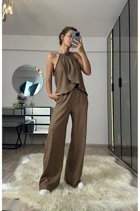 ست بالاتنه و پائین تنه قهوه ای زنانه بافتنی NET OF NOT - کد 905362383