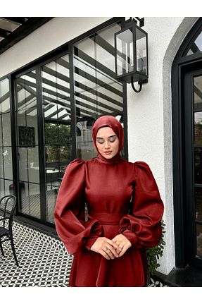 لباس مجلسی حجاب زرشکی زنانه یقه ایستاده By Atelier - کد 917382676