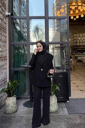 ست بالاتنه و پائین تنه حجاب مشکی زنانه رگولار Melike Tatar - کد 890472084