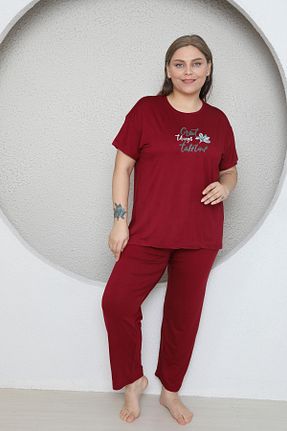 ست لباس راحتی سایز بزرگ زرشکی زنانه ساده FAMES PİJAMA - کد 905587957