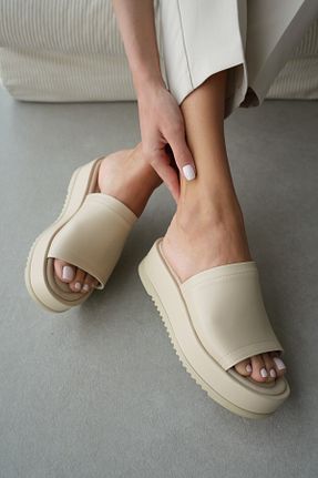 دمپائی بژ زنانه چرم مصنوعی selinshoes - کد 905653975
