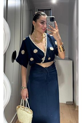 ست بالاتنه و پائین تنه آبی زنانه بافتنی AÈC PRIVÈ - کد 905790797