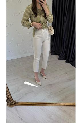 شلوار جین بژ زنانه فاق بلند elif teke - کد 905806597