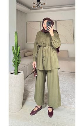 ست بالاتنه و پائین تنه حجاب خاکی زنانه اورسایز MODA - کد 905835123