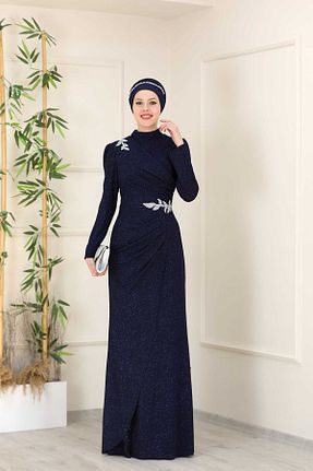 لباس مجلسی حجاب سرمه ای زنانه یقه ایستاده Esma - کد 906413983