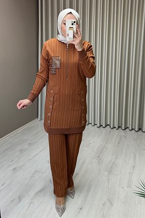 ست بالاتنه و پائین تنه حجاب قهوه ای زنانه اسلیم فیت Ece Triko - کد 906306482