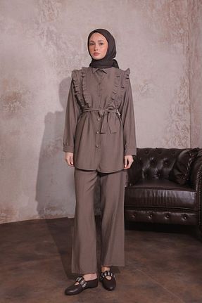 ست بالاتنه و پائین تنه حجاب قهوه ای زنانه رگولار HİFADEN - کد 906323038