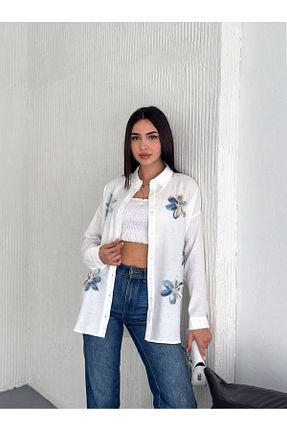 پیراهن سفید زنانه اورسایز BYKUZEYARAS - کد 906354001