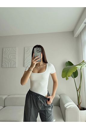 بادی سفید زنانه یقه مربعی Zoom Butik - کد 920504413