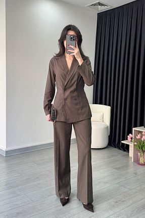 ست بالاتنه و پائین تنه قهوه ای زنانه بافتنی ECEMİ - کد 917638973