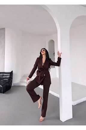 کت و شلوار قهوه ای زنانه یقه کتی MYGİYİMİSTANBUL - کد 920753202