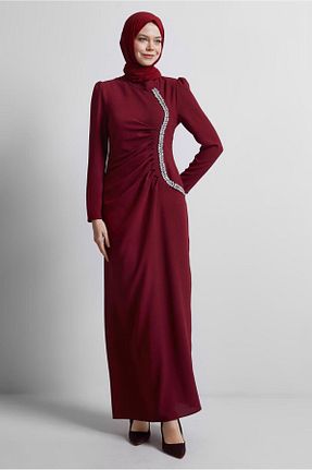 لباس مجلسی حجاب زرشکی زنانه یقه ایستاده TRENDTESETTÜR - کد 917804862