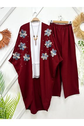 کافتان و کیمونو حجاب زرشکی زنانه کتان YEDİLALE - کد 918246737
