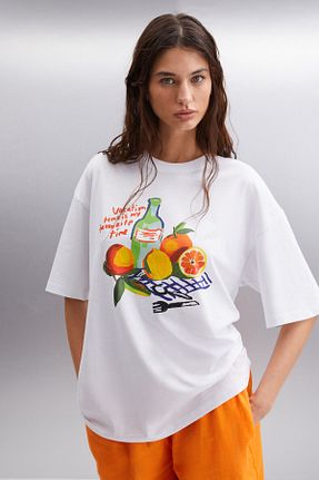 تیشرت سفید زنانه اورسایز GRIMELANGE - کد 831953457