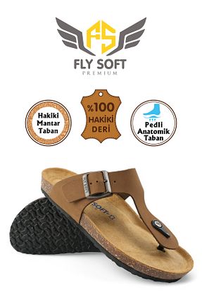 دمپائی قهوه ای مردانه چرم خالص FLY SOFT - کد 841426772