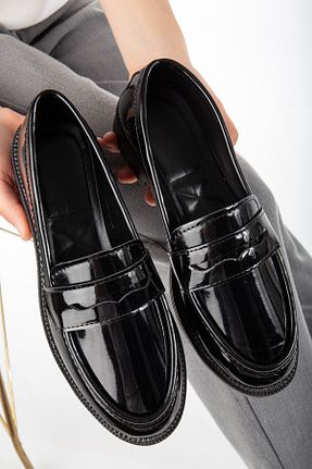 کفش لوفر مشکی زنانه چرم لاکی MYDERİN SHOES - کد 921664901