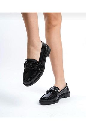 کفش لوفر مشکی زنانه چرم لاکی MYDERİN SHOES - کد 921665174