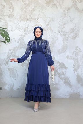 لباس مجلسی حجاب سرمه ای زنانه یقه ایستاده Modarana - کد 920923017