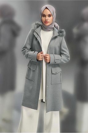 پالتو پشمی حجاب طوسی زنانه رگولار Alvina - کد 865665258