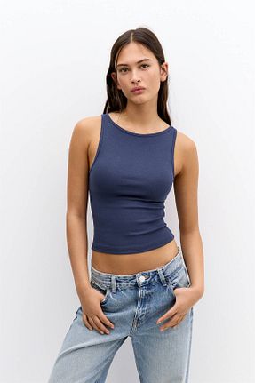 تیشرت سرمه ای زنانه یقه هالتر Pull & Bear - کد 900521472