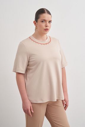 بلوز سایز بزرگ بژ زنانه اورسایز Aker - کد 922096873