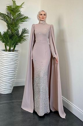 لباس مجلسی حجاب بژ زنانه یقه ایستاده MERVEN AKYÜZ - کد 922171672