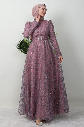 لباس مجلسی حجاب صورتی یقه ایستاده GİYZAMİLA - کد 929034486