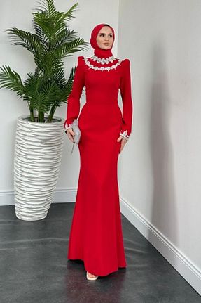 لباس مجلسی حجاب قرمز زنانه یقه ایستاده MERVEN AKYÜZ - کد 922170888