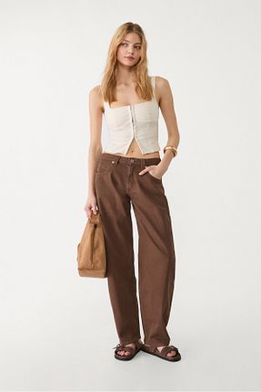 شلوار جین قهوه ای زنانه پاچه پهن Stradivarius - کد 921391521