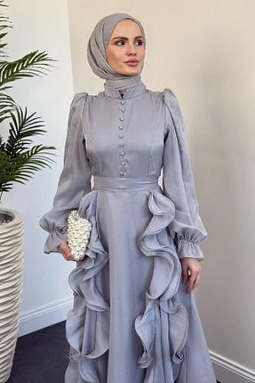 لباس مجلسی حجاب طوسی زنانه یقه ایستاده Şulemoda Giyim - کد 921414043