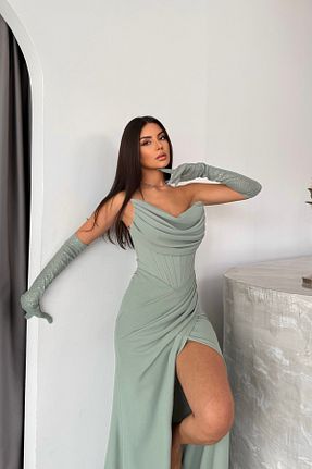 لباس مجلسی و فارغ التحصیلی سبز زنانه کرپ İyem Abiye - کد 921446182