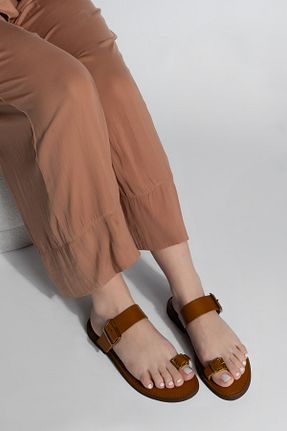 دمپائی قهوه ای زنانه چرم خالص Marjin - کد 900025450