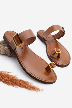 دمپائی قهوه ای زنانه چرم خالص Marjin - کد 900025450