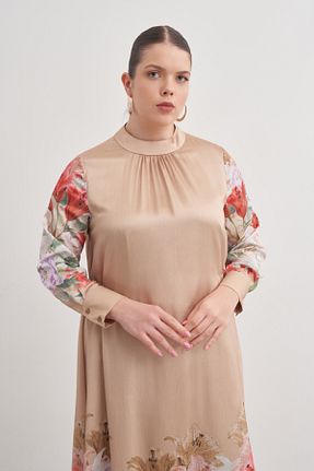لباس سایز بزرگ بژ زنانه مخلوط پلی استر Aker - کد 920768906