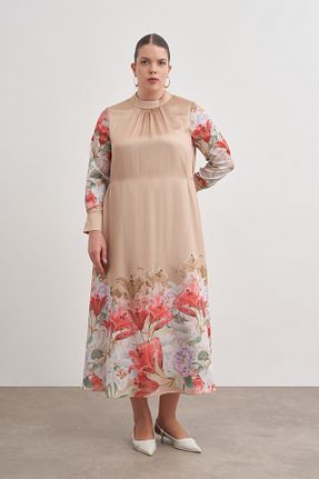 لباس سایز بزرگ بژ زنانه مخلوط پلی استر Aker - کد 920768906