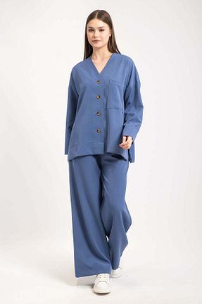 ست بالاتنه و پائین تنه آبی زنانه بافتنی Hatun Atila - کد 919877228