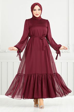 لباس مجلسی حجاب زرشکی زنانه یقه ایستاده ModaMerve - کد 919915030