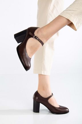 کفش پاشنه بلند کلاسیک قهوه ای زنانه چرم خالص ANALİN SHOES - کد 919921930