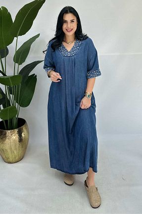 لباس سایز بزرگ آبی زنانه پنبه ای GÖKSEL - کد 921071940