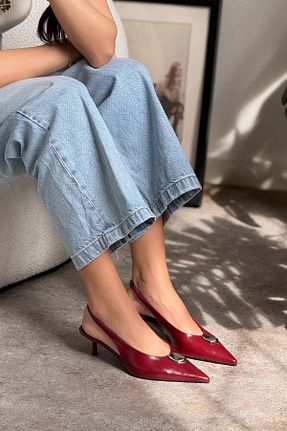 کفش پاشنه بلند کلاسیک زرشکی زنانه چرم مصنوعی NİŞANTAŞI SHOES - کد 919979436
