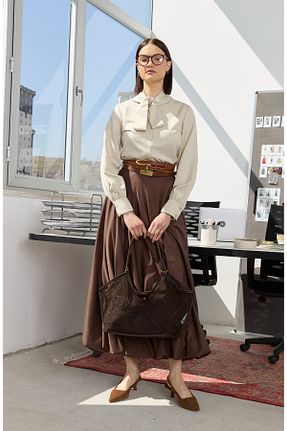 دامن قهوه ای زنانه مخلوط پلی استر Fatma Atasoy - کد 920526785