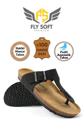 دمپائی مشکی مردانه چرم خالص FLY SOFT - کد 841332196